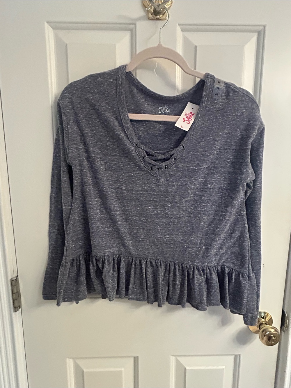 NWT-Justice Bluish/Gray Lace-Up Ruffle Hem Long Sleeve Top